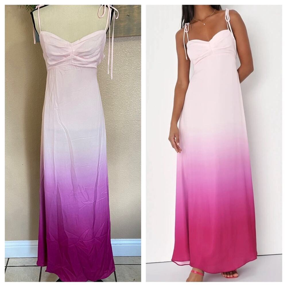 NWOT Lulus Maximum Allure Pink and Purple Ombre Satin Tie-Strap Maxi Dre…